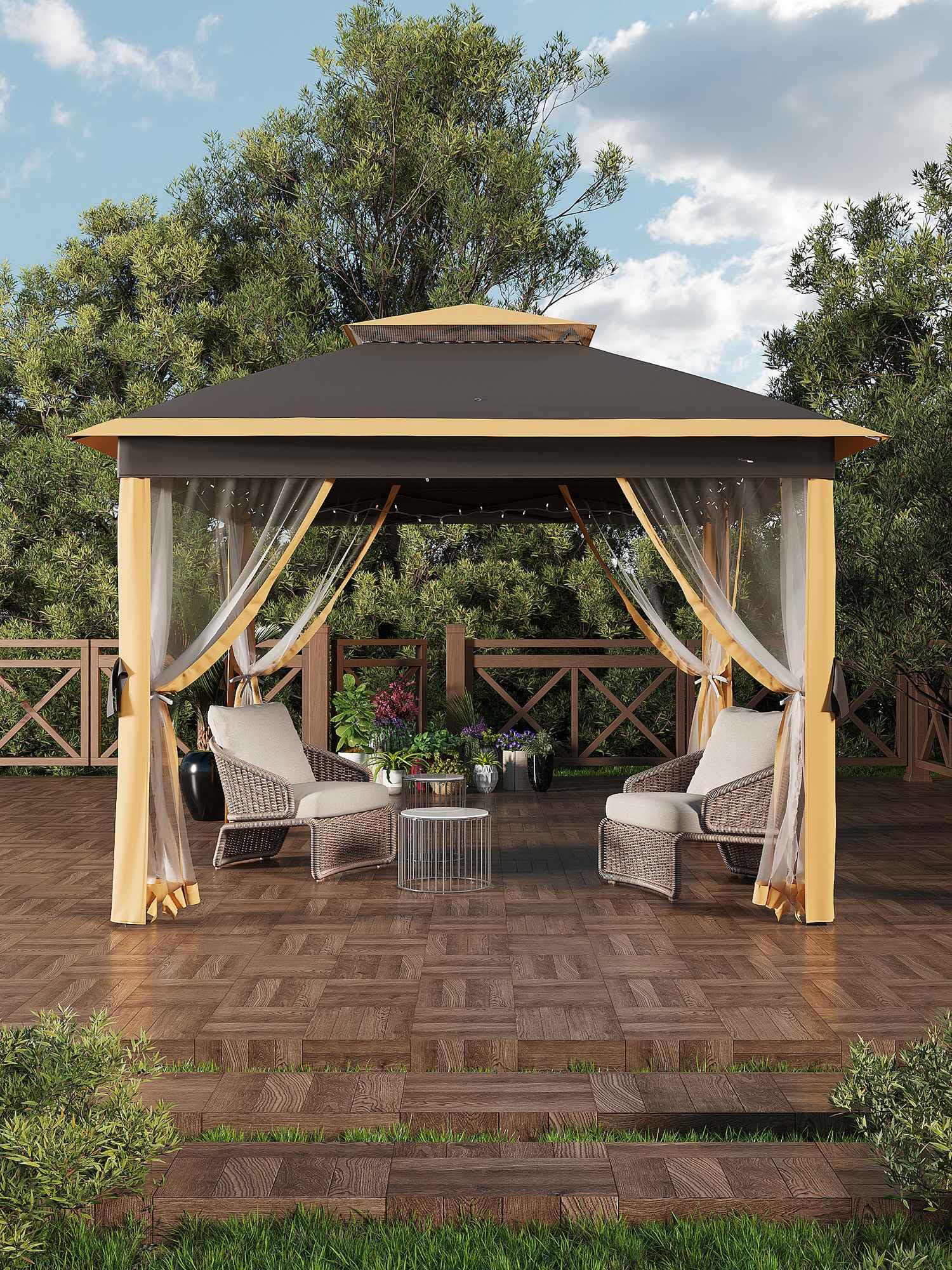 Garvee Tonnelle Pliante 335 x 335 cm avec Moustiquaire, Métal Anticorrosion, Hauteur Réglable, pour Jardin, Terrasse et Camping