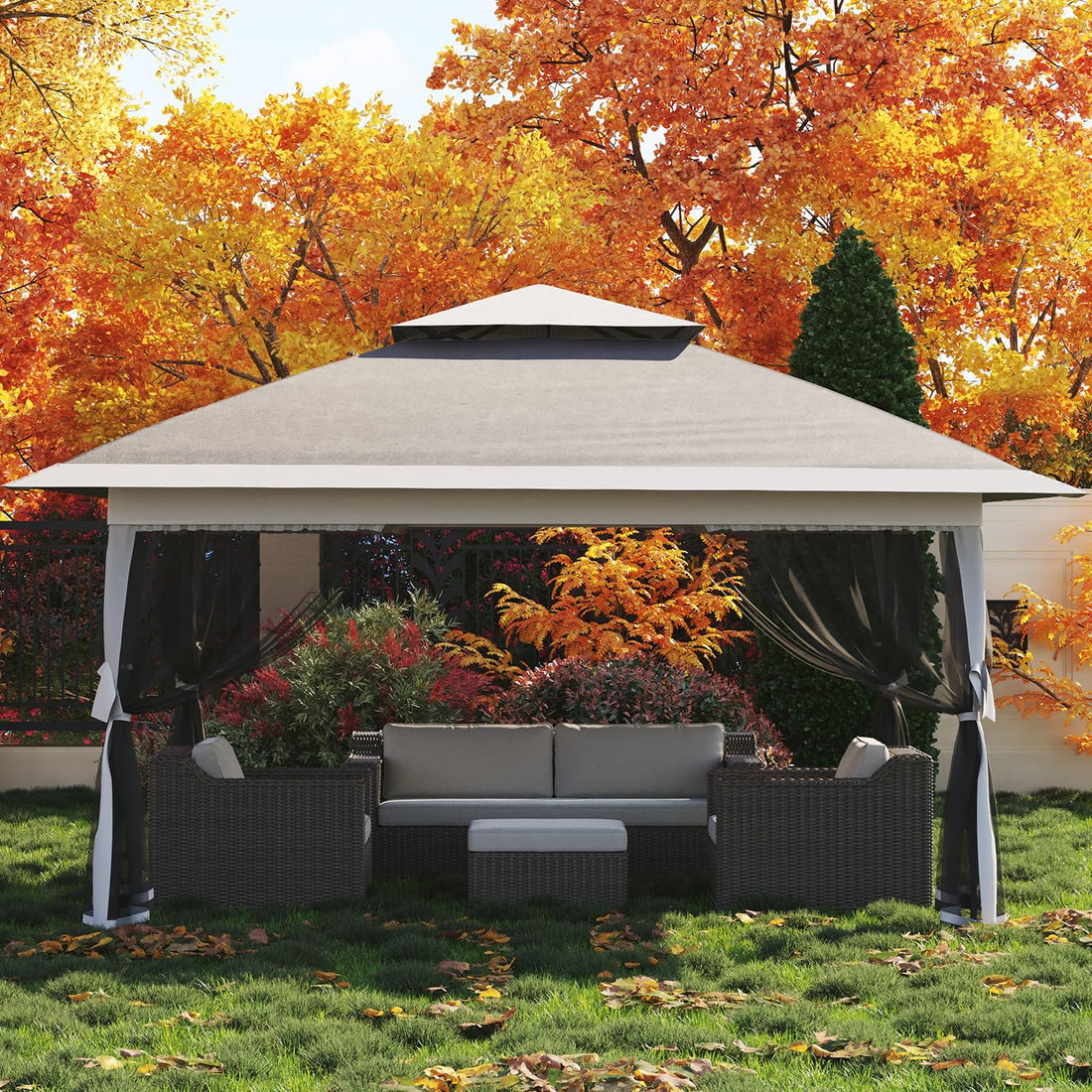 Tente pliante Garvee 3,65 m x 3,65 m avec moustiquaire, résistante aux UV, hauteur réglable, structure en acier, occultant 6 panneaux pour jardin et terrasse, sacs de lestage inclus