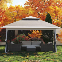 Garvee Tonnelle Pliante 3,65 × 3,65 m avec Auvent Rétractable, Moustiquaire, Structure Acier, Hauteur Réglable, Imperméable, Gris Foncé et Gris Clair