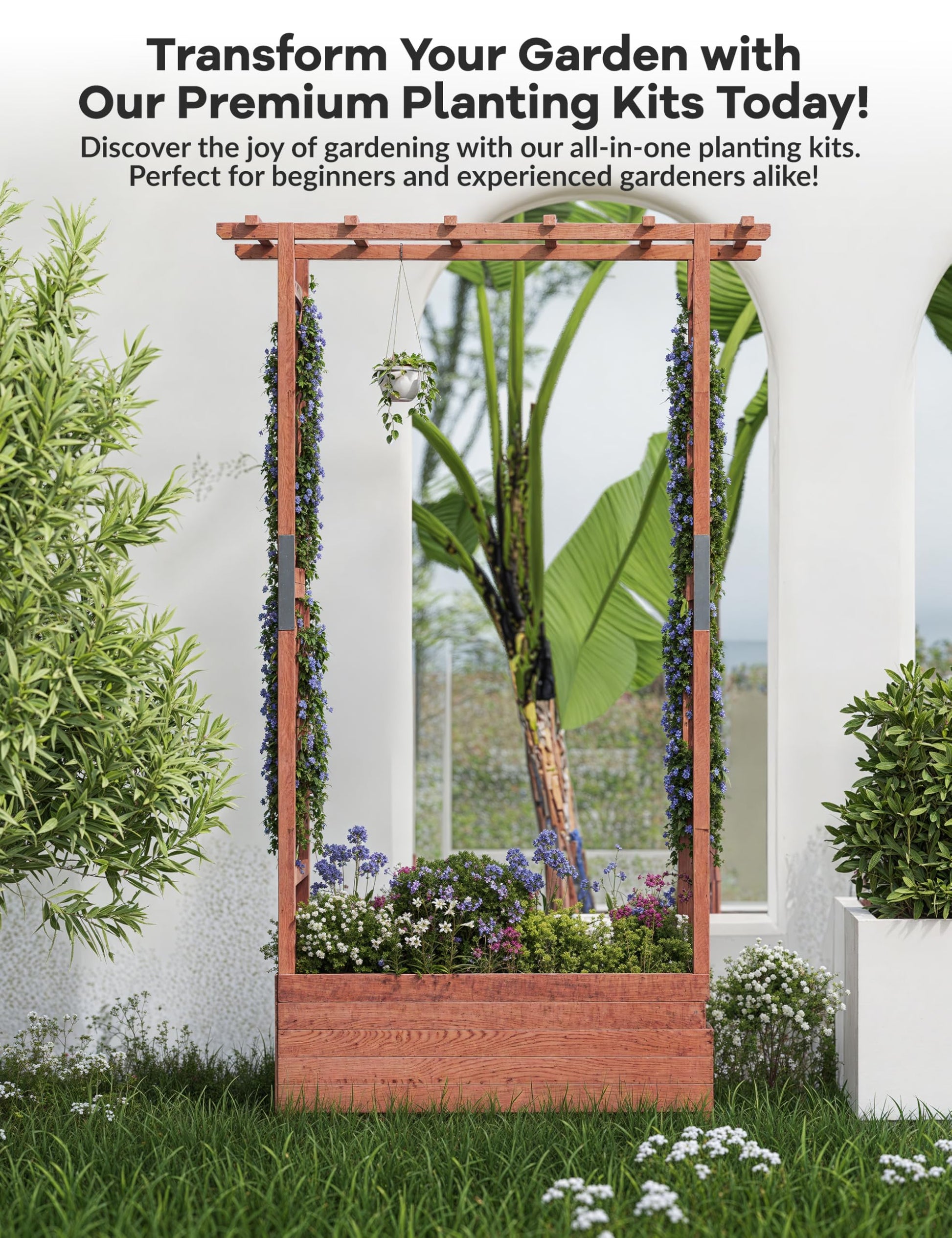Jardinière surélevée Garvee avec treillis, bac à fleurs en bois de 114 cm (45 pouces), toit suspendu, résistante aux intempéries pour terrasse et jardin, autoportante, couleurs naturelles