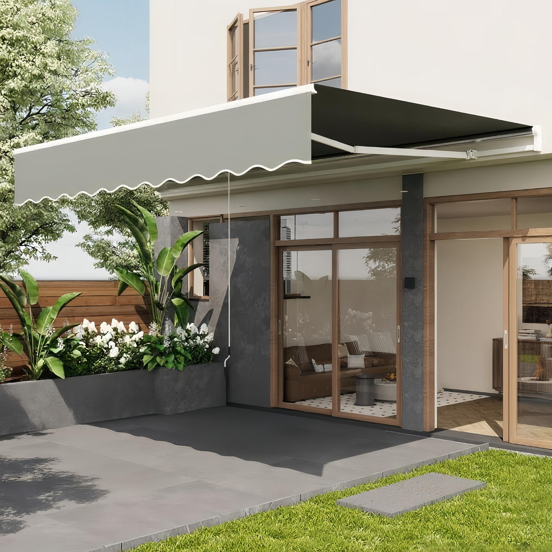Store banne rétractable Garvee 3 m x 2,4 m avec cadre en aluminium pour terrasse et balcon, gris, imperméable, protection UV