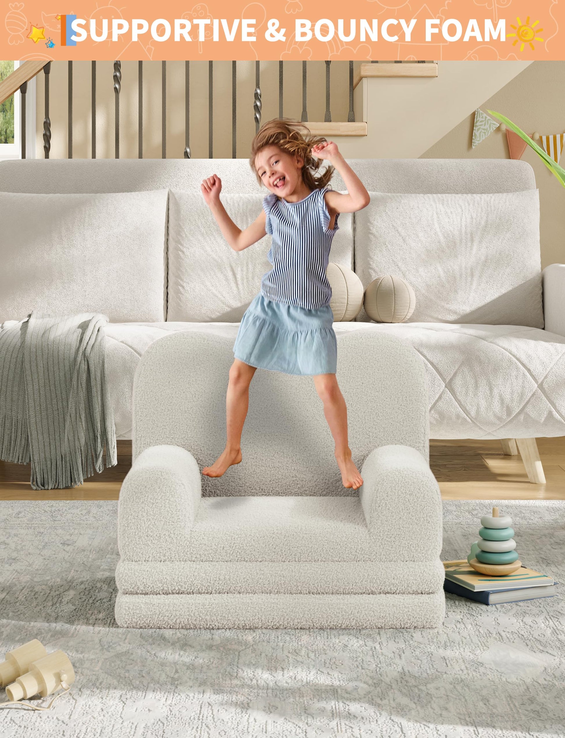 Canapé-lit convertible 2 en 1 Garvee pour enfants, avec mousse et revêtement Sherpa doux, blanc ondulé, idéal pour la salle de jeux