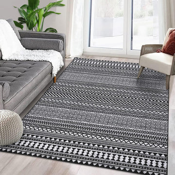 Tapis marocain bohème GARVEE 160x230cm Noir, déperlant, à poils courts, résistant aux taches et à l'huile, lavable, salon et chambre