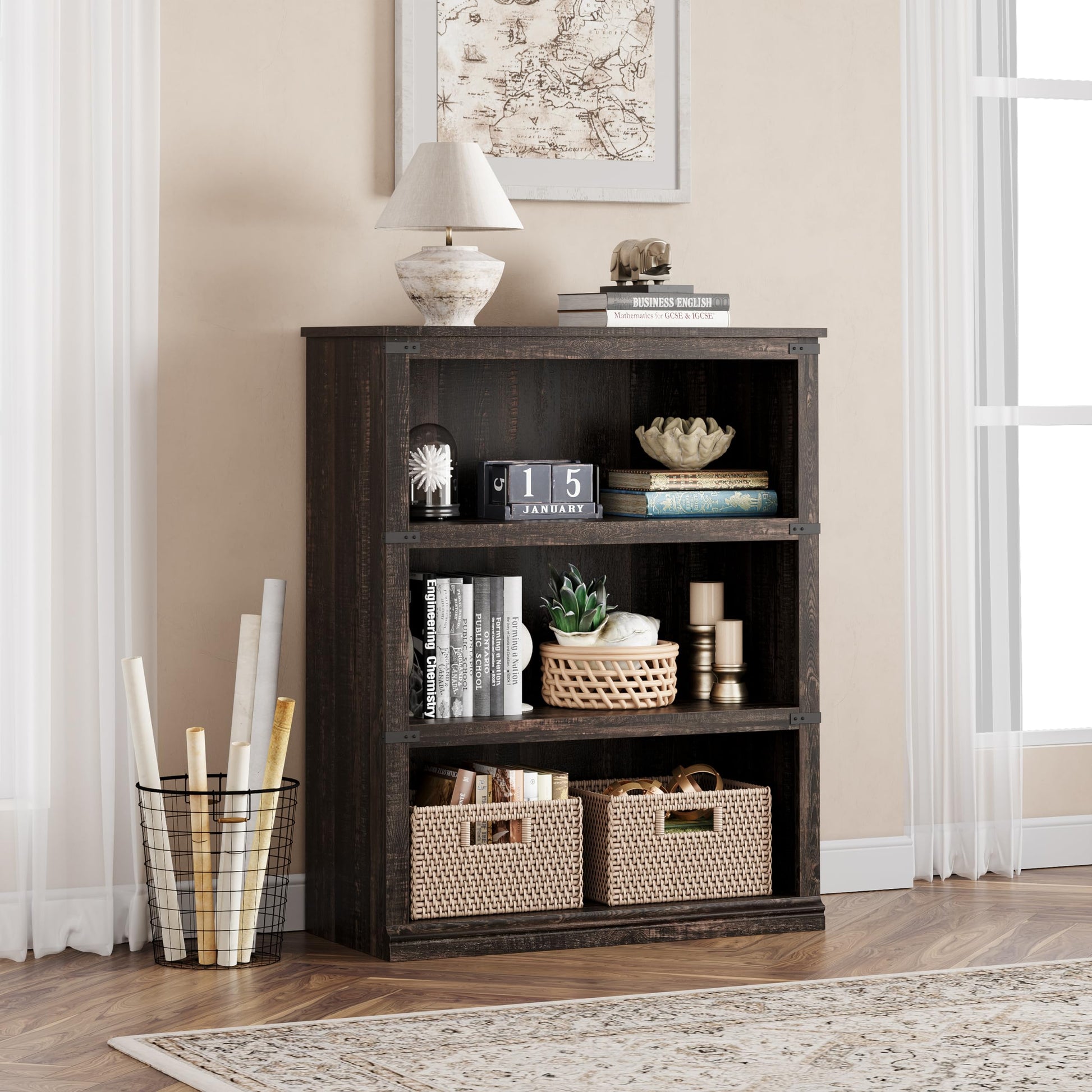 Garvee bibliothèque basse 80 × 31 × 102 cm, 4 niveaux ouverts, finition chêne, style industriel