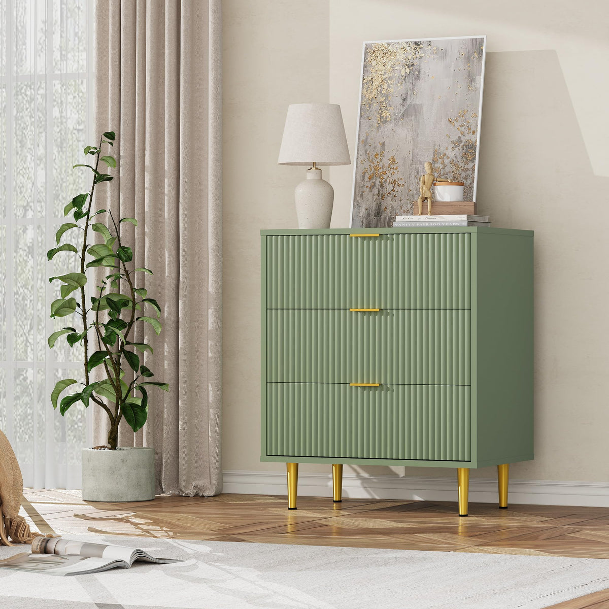 Cassettiera GARVEE a 3 cassetti verde avocado: frontali scanalati e dettagli dorati