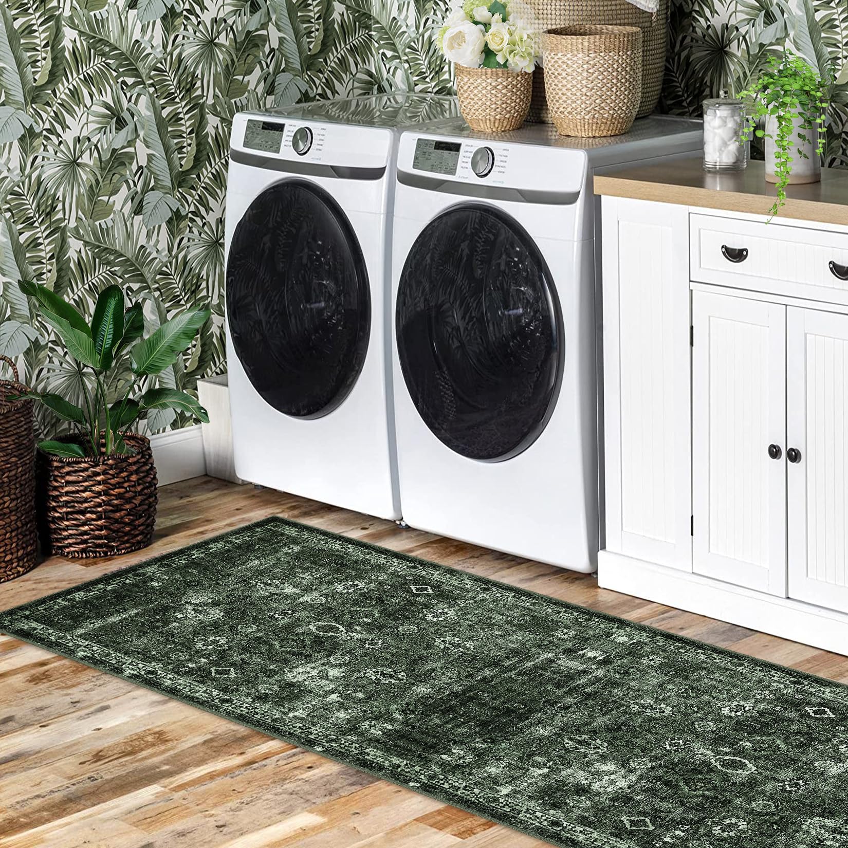 Tapis de couloir antidérapant à poils courts Garvee Boho pour cuisine, entrée, chambre, 80 x 150 cm, vert foncé vintage