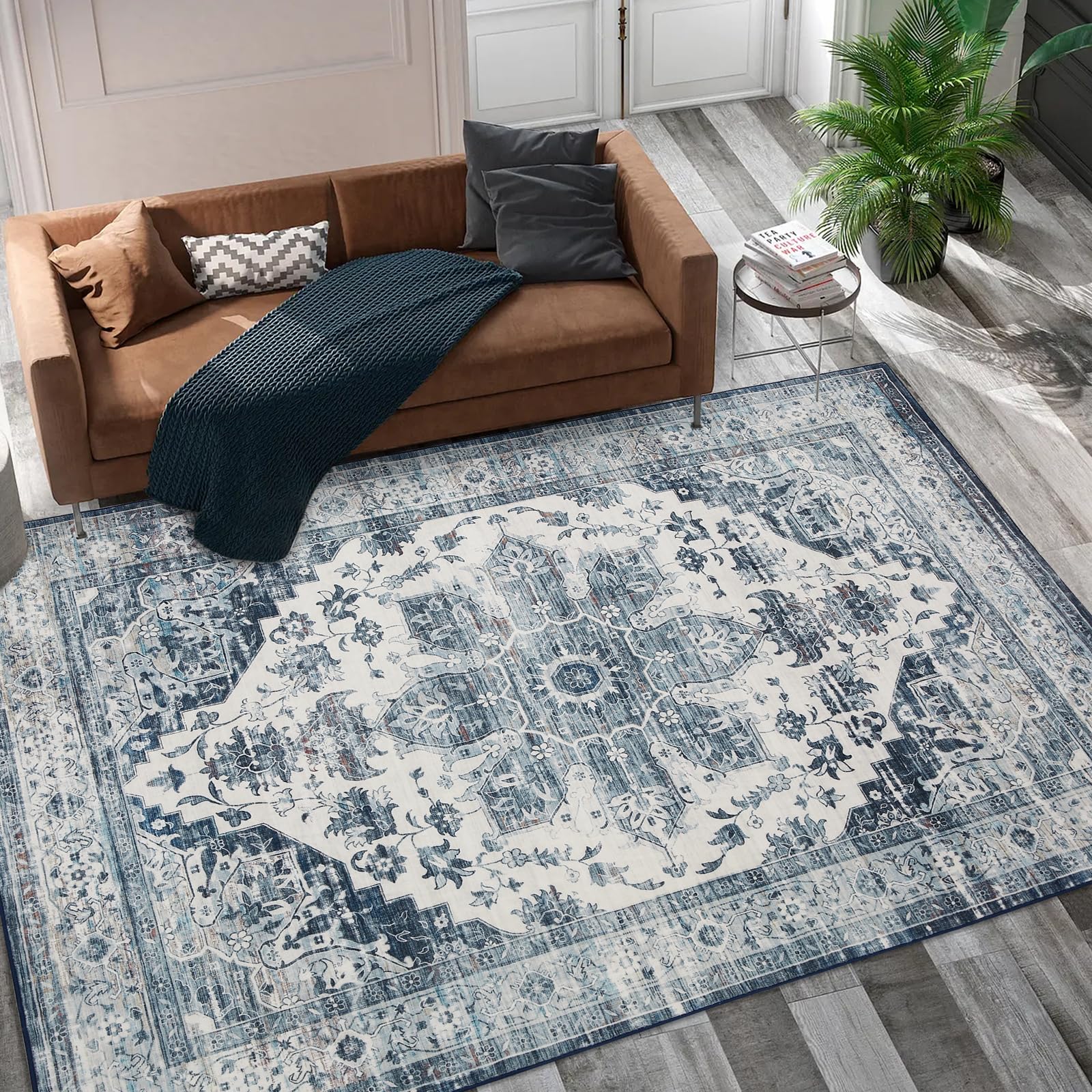 Tapis oriental vintage Garvee, lavable, antidérapant, velours de haute qualité, bleu, 160 x 230 cm, salon, bureau