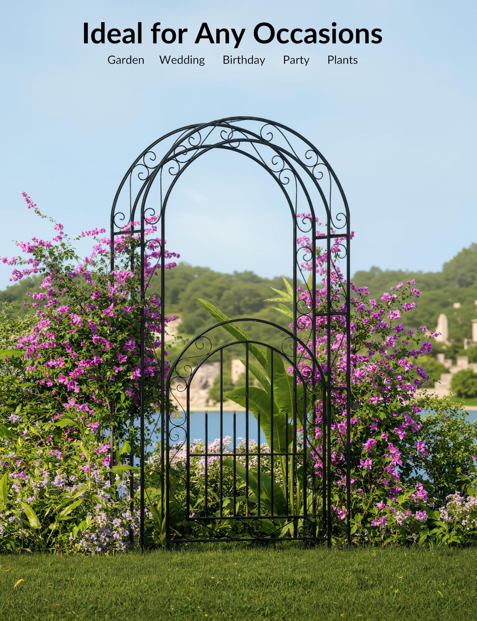 Arche de jardin en acier Garvee de 2,4 m (8 pi), résistante aux intempéries, robuste, élégante, noire, avec portail, idéale pour les mariages et le jardin.