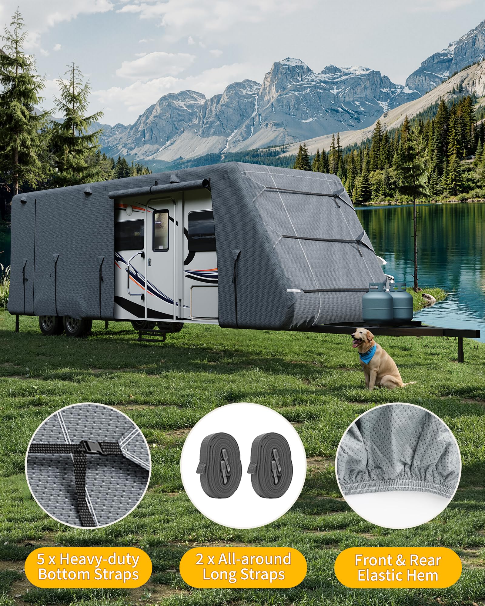 Housse Garvee pour caravane/VR 24-27 pi - Protection UV 7 couches, coupe-vent, imperméable - Tissu indéchirable, bandes réfléchissantes, camping et voyage, grise