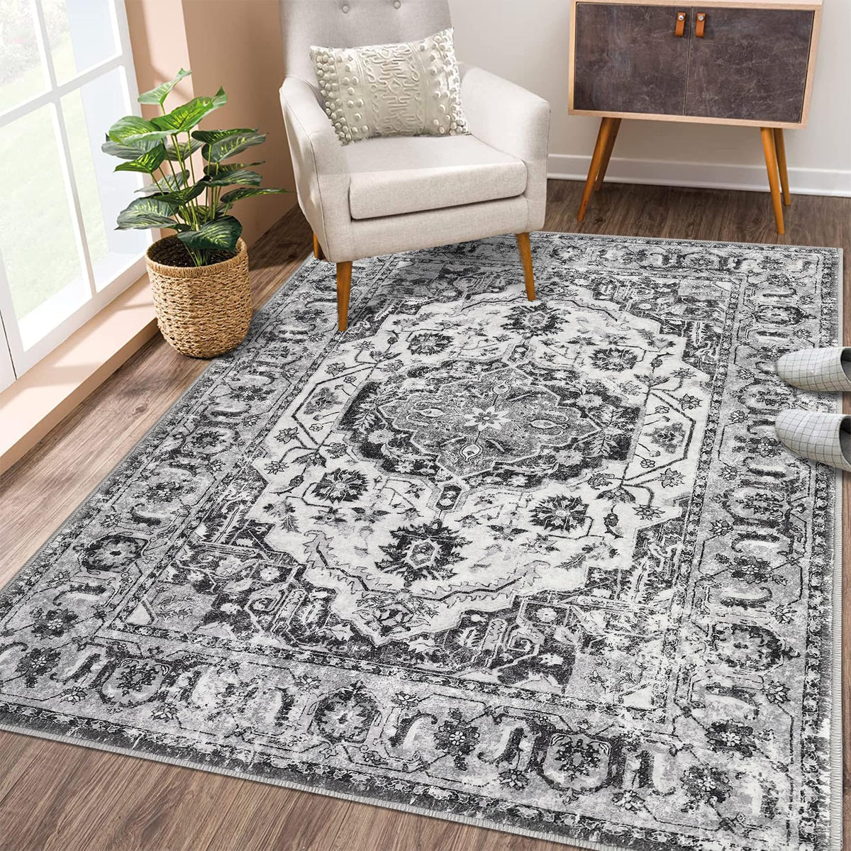 Garvee Tapis persan extra large 200 × 290 cm, gris, lavable et pliable, envers antidérapant, résistant à l’eau et aux taches, idéal salon et chambre