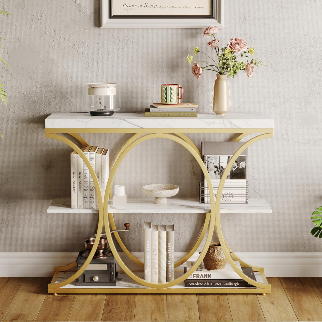 Console Garvee 99 cm (39 po), style industriel, 3 niveaux, structure en métal et bois, moderne, idéale pour le salon, le couloir ou l'entrée, gain de place, noire