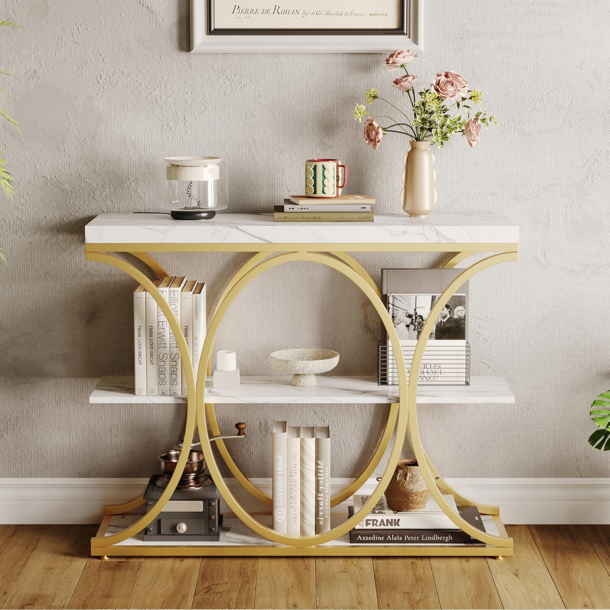 Console Garvee 99 cm (39 po), style industriel, 3 niveaux, structure en métal et bois, moderne, idéale pour le salon, le couloir ou l'entrée, gain de place, noire