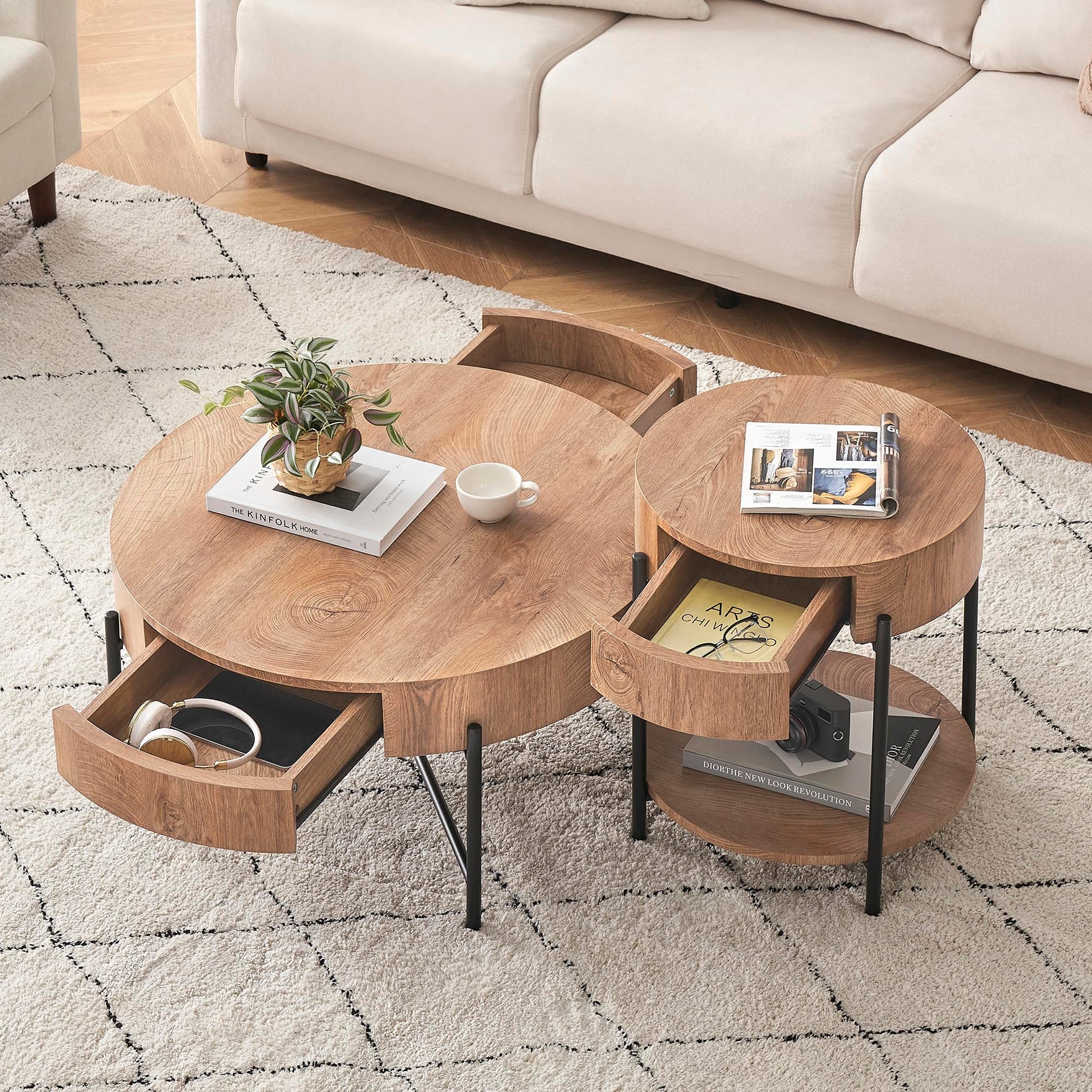 Table d'appoint ronde Garvee en bois avec tiroir, structure en métal, style vintage pour salon et chambre, 50 cm, marron