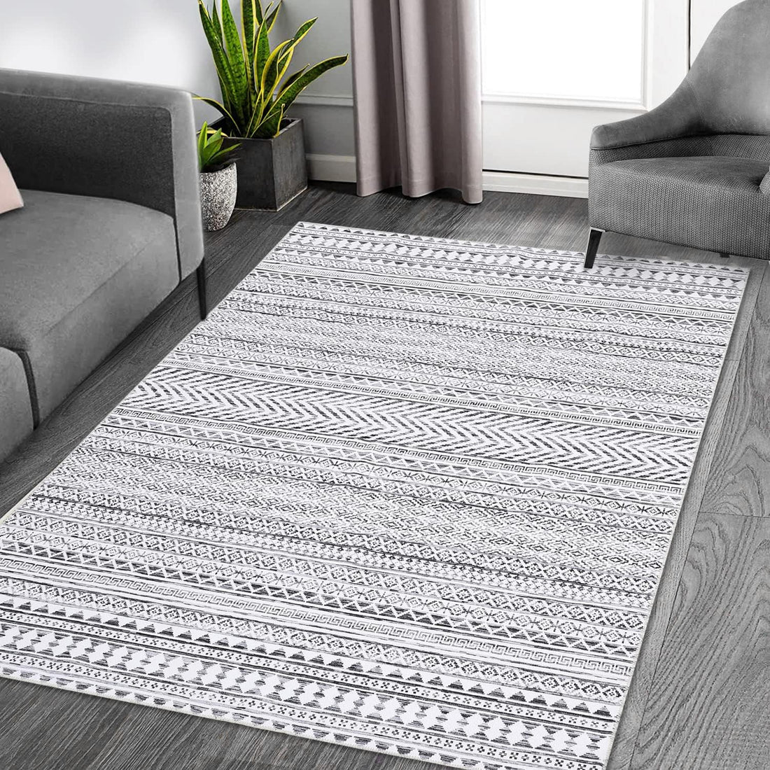 Tapis marocain bohème GARVEE 200x290cm Gris, déperlant, à poils courts, résistant aux taches et à l'huile, lavable, salon et chambre