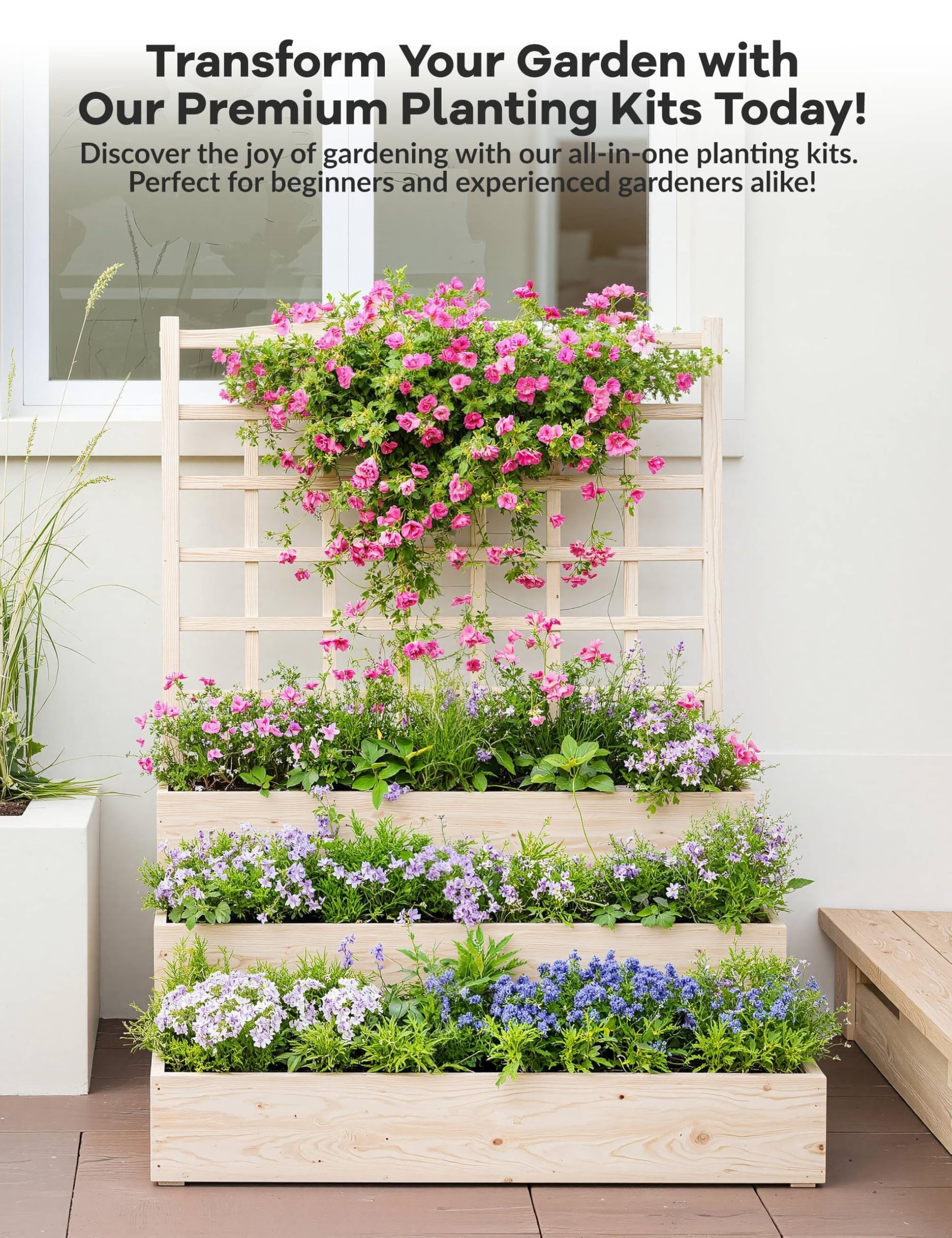Jardinière surélevée à 3 niveaux Garvee en bois d'épicéa avec treillis pour balcon et jardin, modulaire, ouverte, en bois naturel