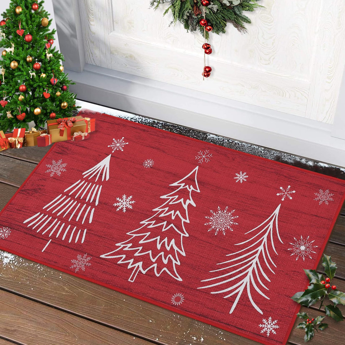 Garvee Christmas Zerbino Tapis de Noël Antidérapant 40x60cm, Motif Sapins de Noël et Flocons de Neige, Polyester, Pour Intérieur et Extérieur