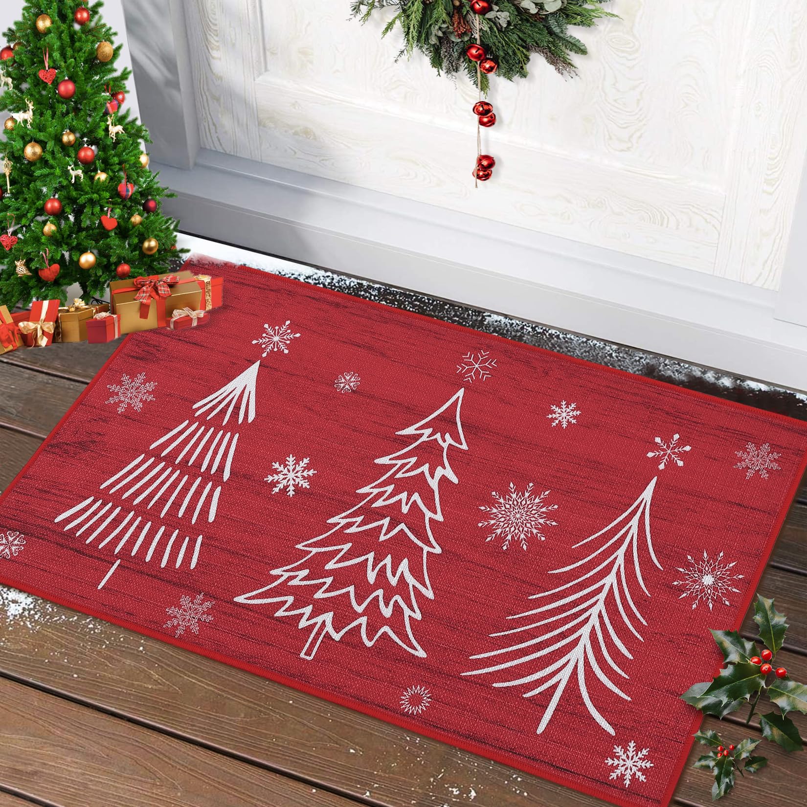 Garvee Christmas Zerbino Tapis de Noël Antidérapant 40x60cm, Motif Sapins de Noël et Flocons de Neige, Polyester, Pour Intérieur et Extérieur
