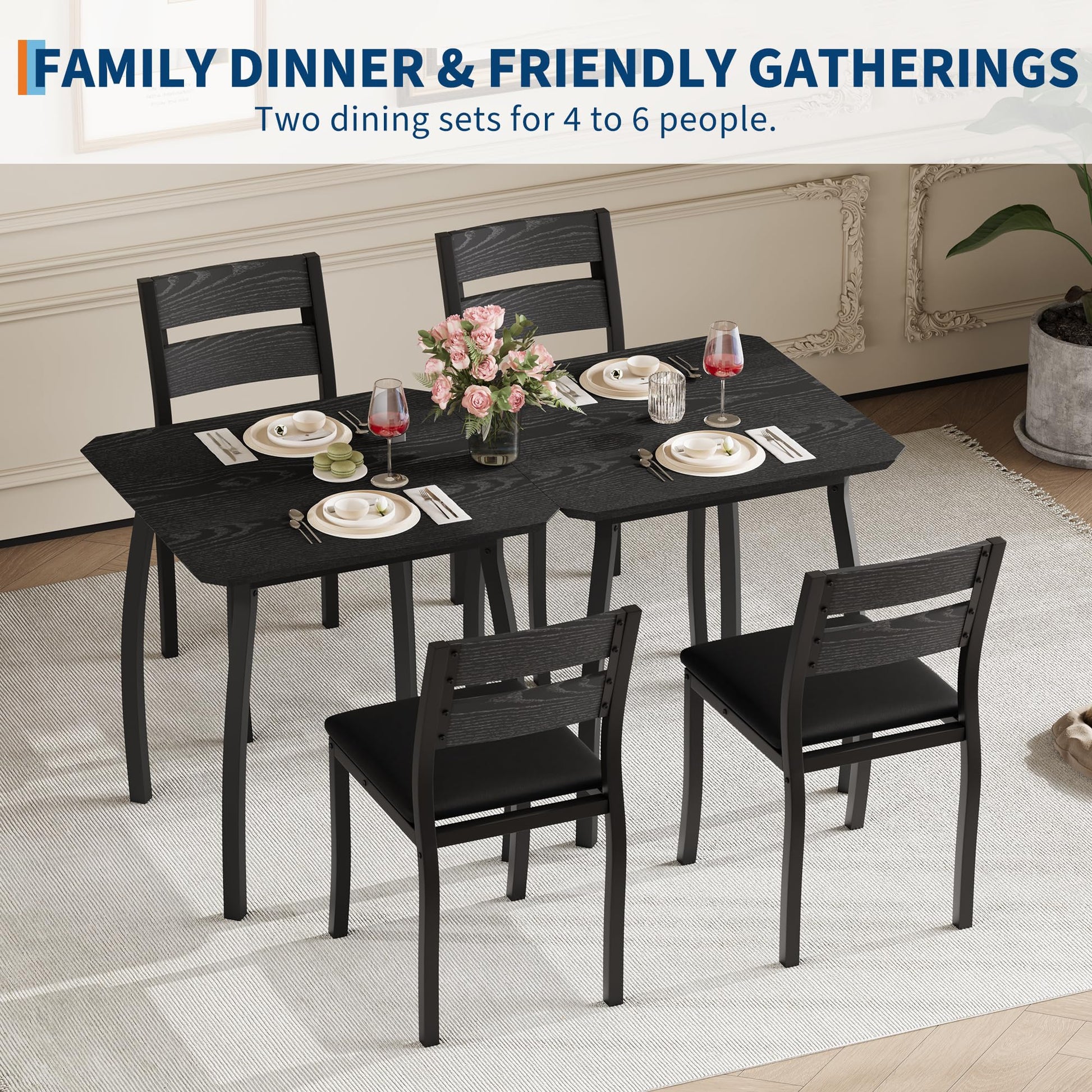 Ensemble de salle à manger Garvee 3 pièces pour 2 personnes, compact et robuste, table en MDF, chaises rembourrées en PU, structure en métal, noir, idéal pour les petites cuisines et les appartements.