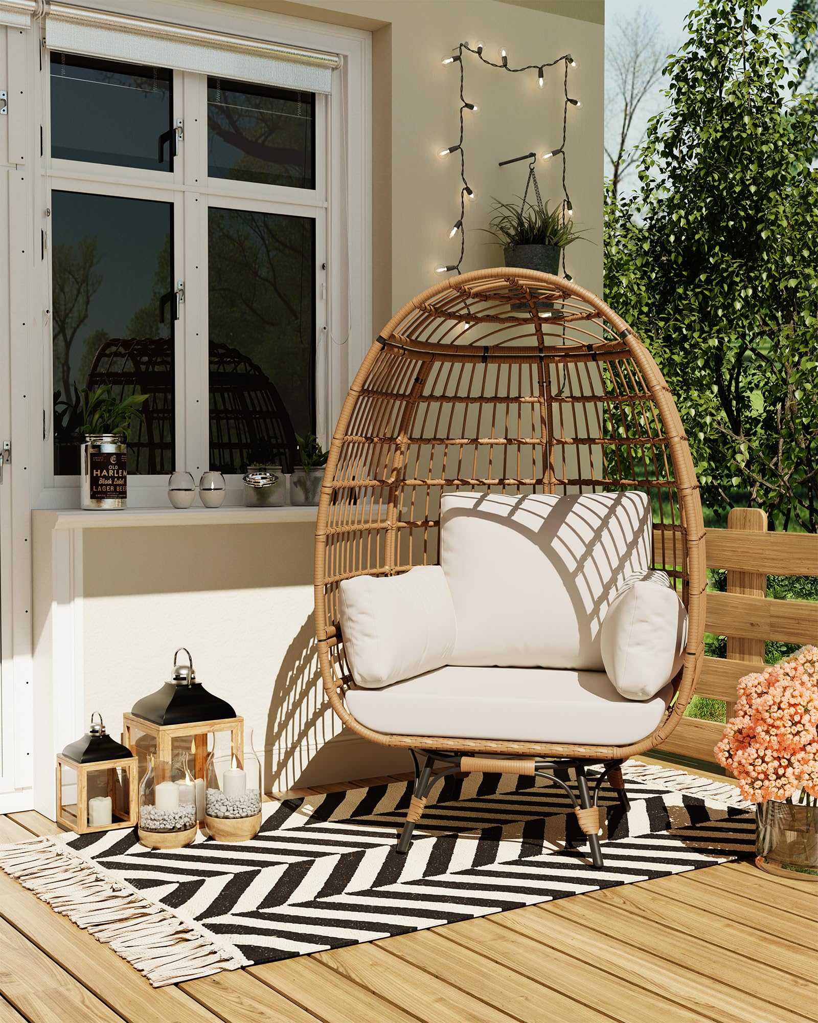 Garvee Fauteuil Œuf Pivotant 360° XL, Structure Acier et Base Métal, Rotin PE Résistant à l’Eau, Coussins Réglables, Intérieur/Extérieur, 96 × 76 × 145 cm, Naturel