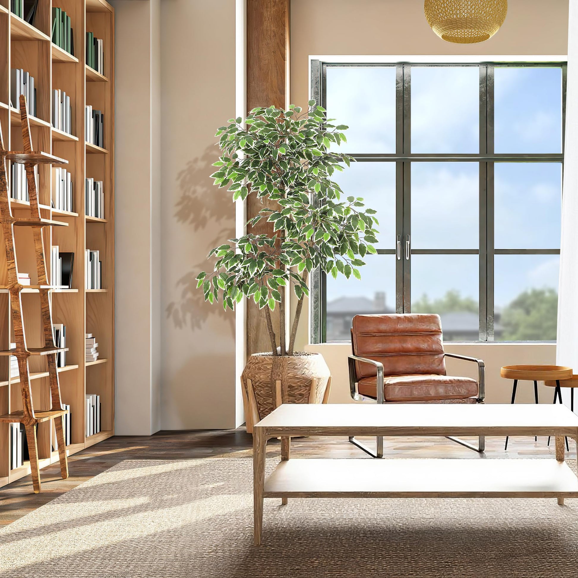 Ficus artificiel Garvee de 1,5 m avec pot haut blanc, tronc ajustable, idéal pour le salon et le bureau, blanc, base stable en terre cuite