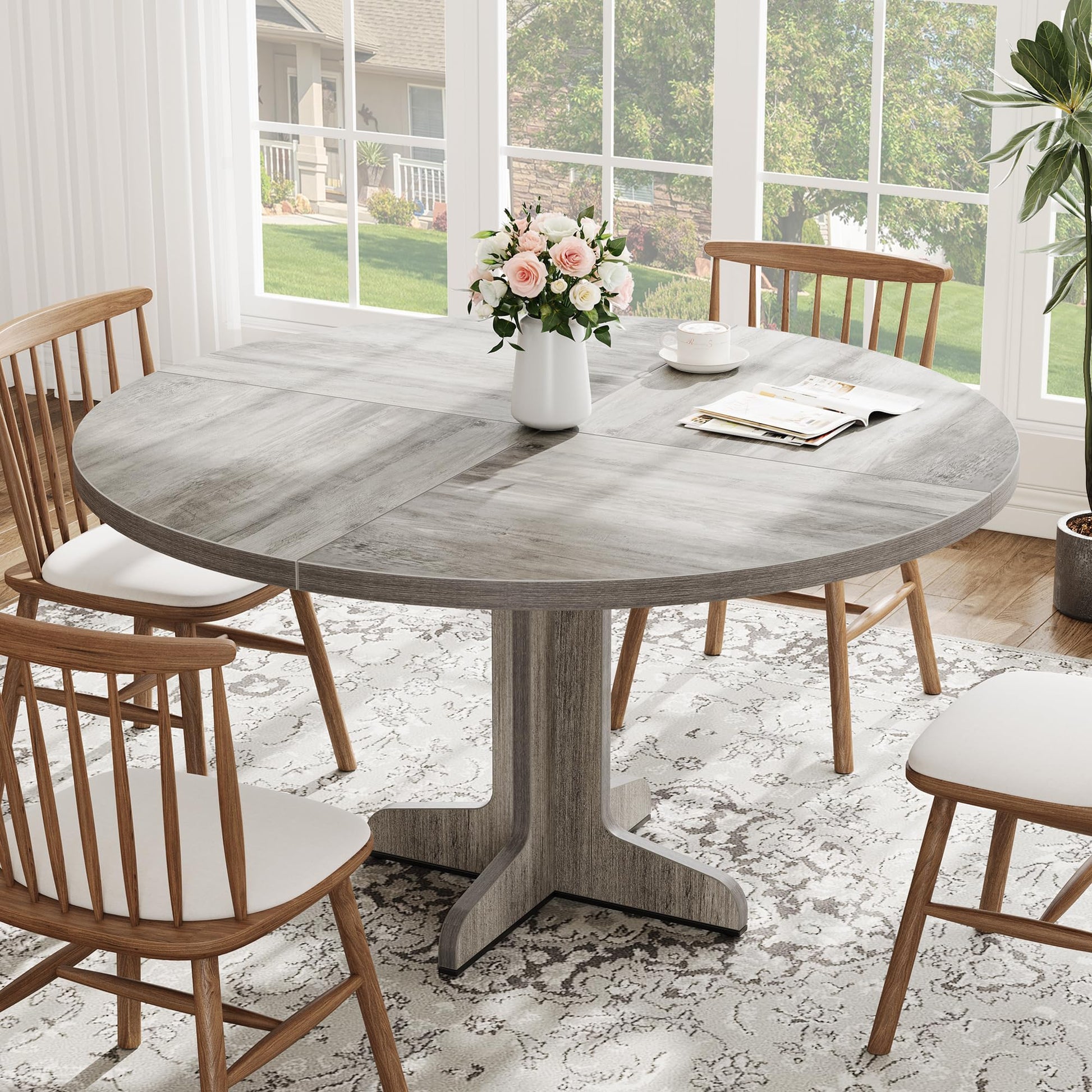 Garvee Table à manger ronde 120 cm pour 4 à 6 personnes, MDF robuste, base stable, pieds réglables, gris, pour cuisine et salon