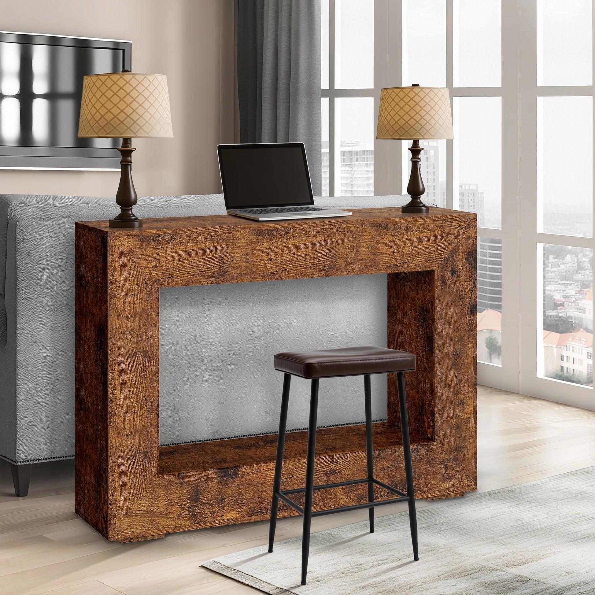 Console Garvee style ferme, 119 cm (47 pouces), style rustique vintage, étagères ouvertes, bois haute densité résistant aux rayures, idéale pour un couloir ou un salon, couleur marron.