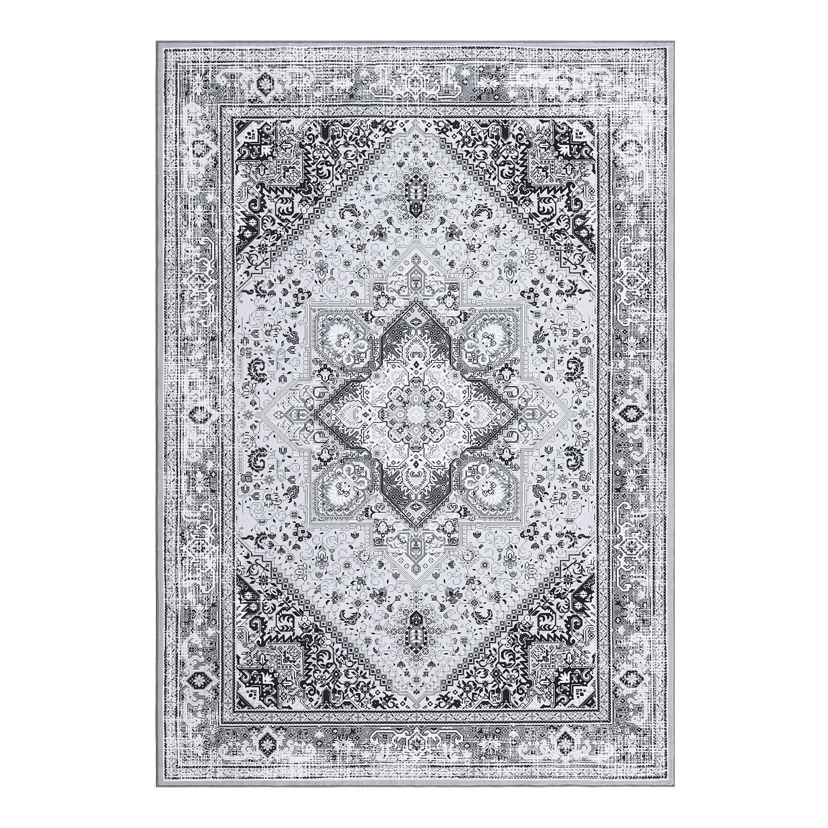 Tapis Garvee style bohème vintage, lavable en machine, antidérapant, gris, 120 x 170 cm, salon, chambre