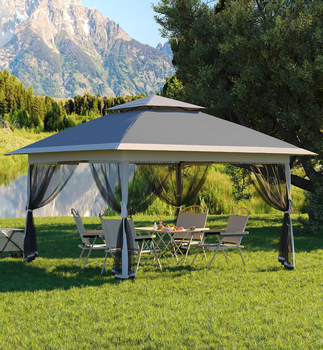 Garvee Tonnelle pliante 396 × 396 cm avec moustiquaire et auvent rétractable One Touch, structure acier robuste, imperméable, protection UV, pour patio et jardin, gris