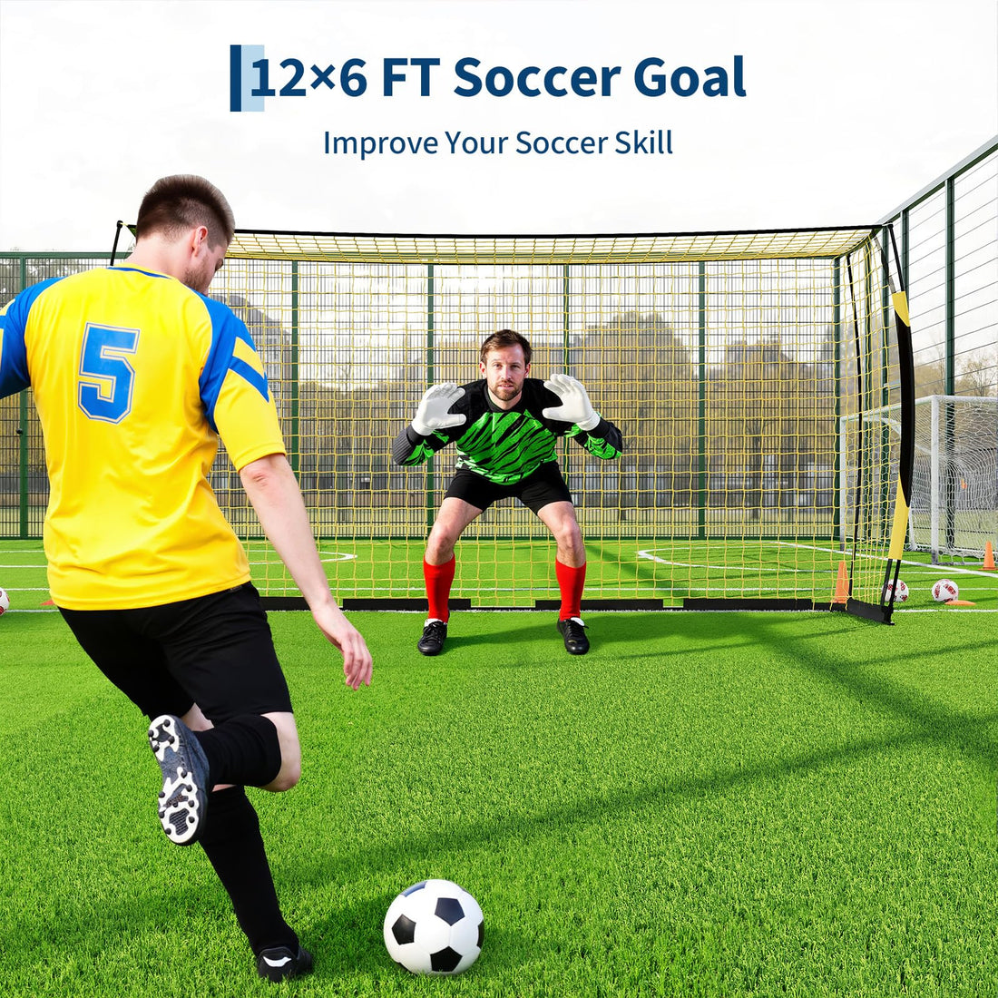 Garvee but de football pliable 366 × 183 cm, cadre métallique robuste, noir et jaune, pour jardin et entraînement