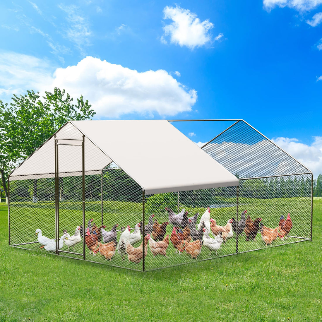 Garvee Grand Poulailler Métallique 299 x 399 x 201 cm, Cage à Poules avec Accès Piéton, Bâche Imperméable et résistant aux UV pour Jardin et Ferme