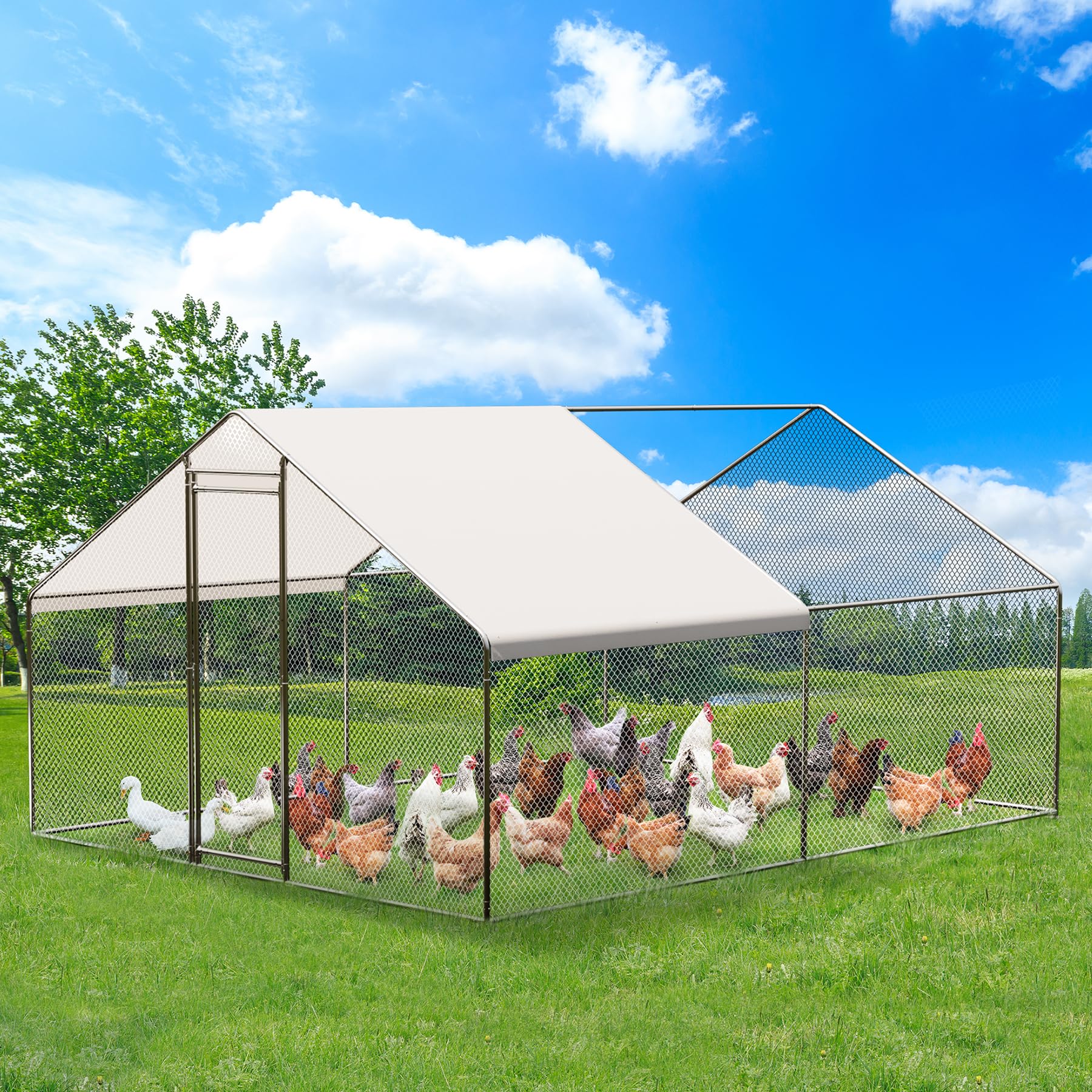 Grand Poulailler Métallique GARVEE 9,8 x 13,1 x 6,6 pi – Cage à Poules avec Accès Piéton, Bâche Imperméable et Anti-UV pour Jardin et Ferme – Argent