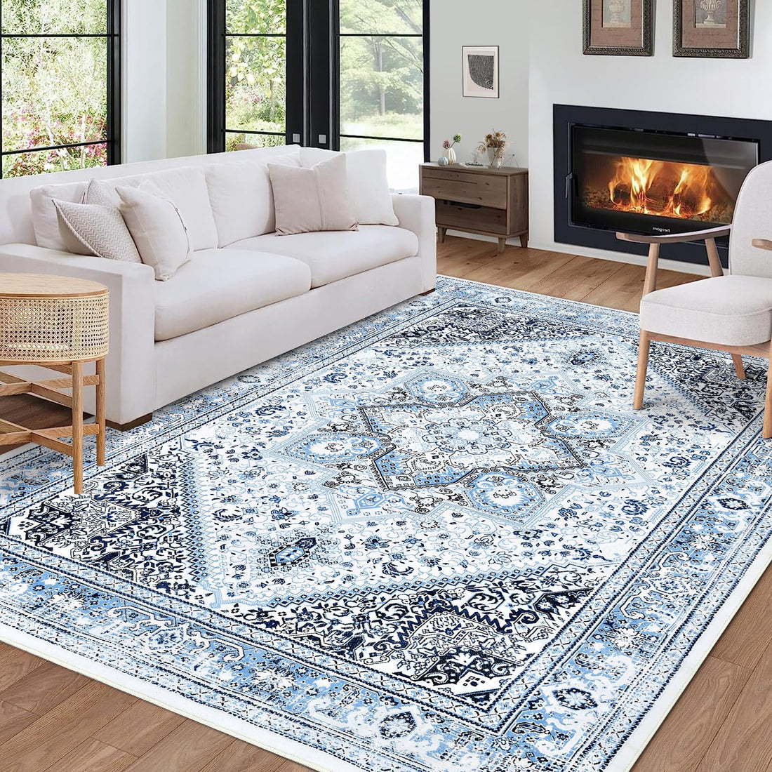 Tapis Garvee 160 x 230 cm, tapis d'intérieur vintage pliable en chenille, tapis d'appoint léger bleu