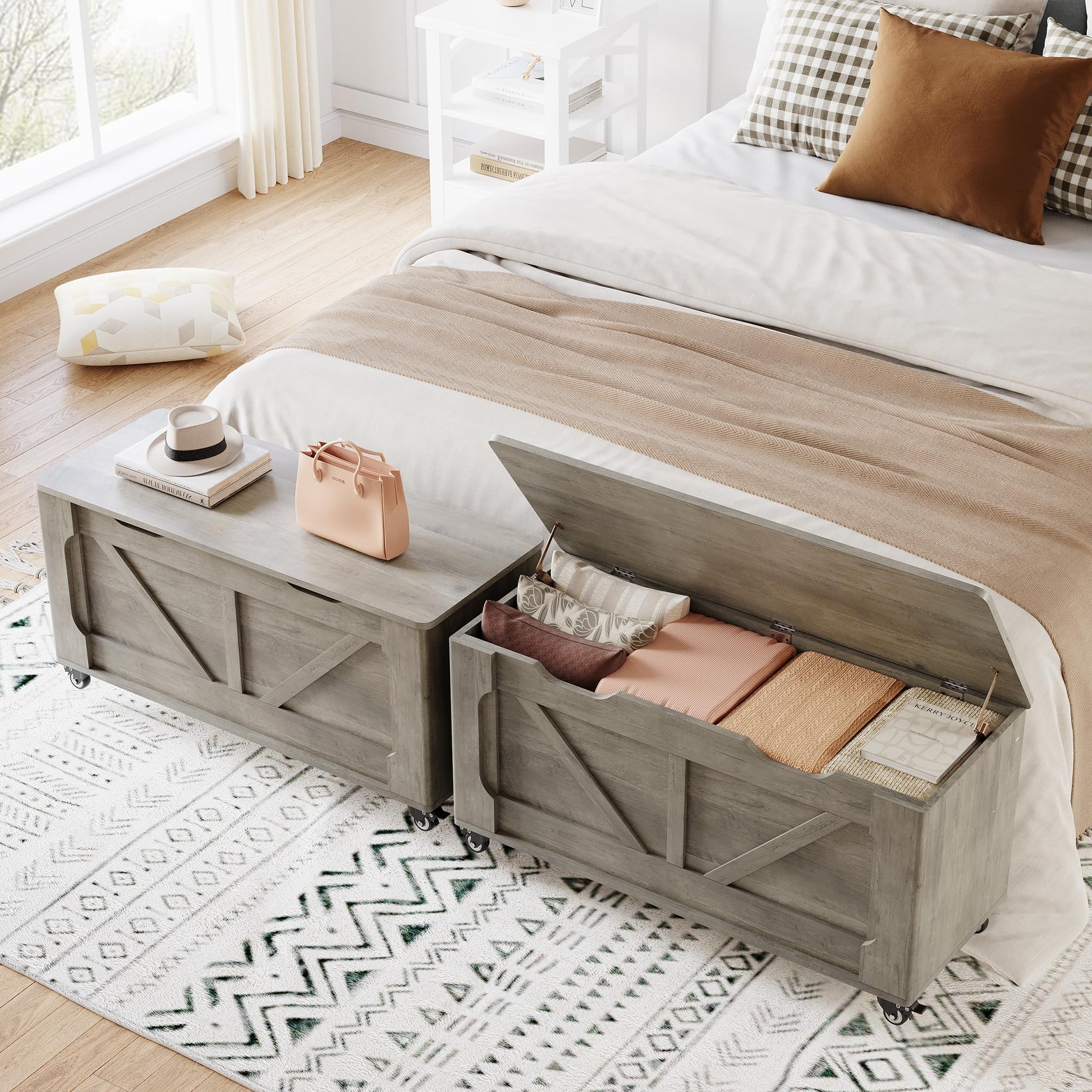 Banc de rangement Garvee à roulettes, coffre en bois de 100 cm (39,4 po), capacité de charge de 159 kg (350 lb), gris, polyvalent pour couloir et salon.