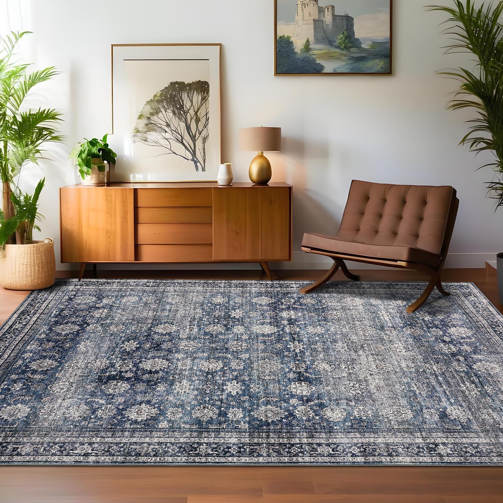 Tapis vintage lavable Garvee, antidérapant, doux et facile d'entretien, idéal pour le salon, la chambre ou la cuisine, 160 x 230 cm, bleu.