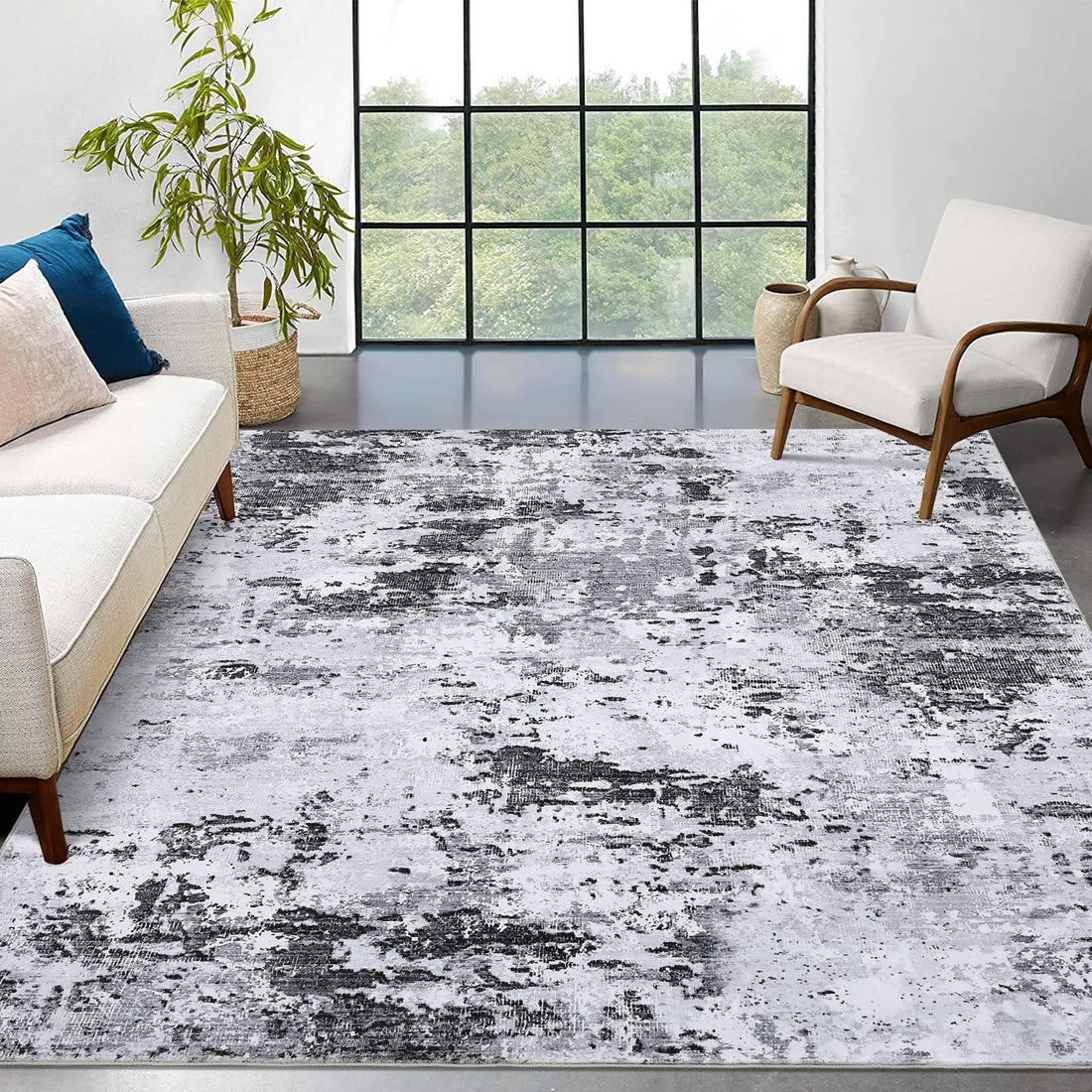 Tapis moderne abstrait Garvee 240 x 340 cm, gris, à poils courts, antidérapant, pour salon.