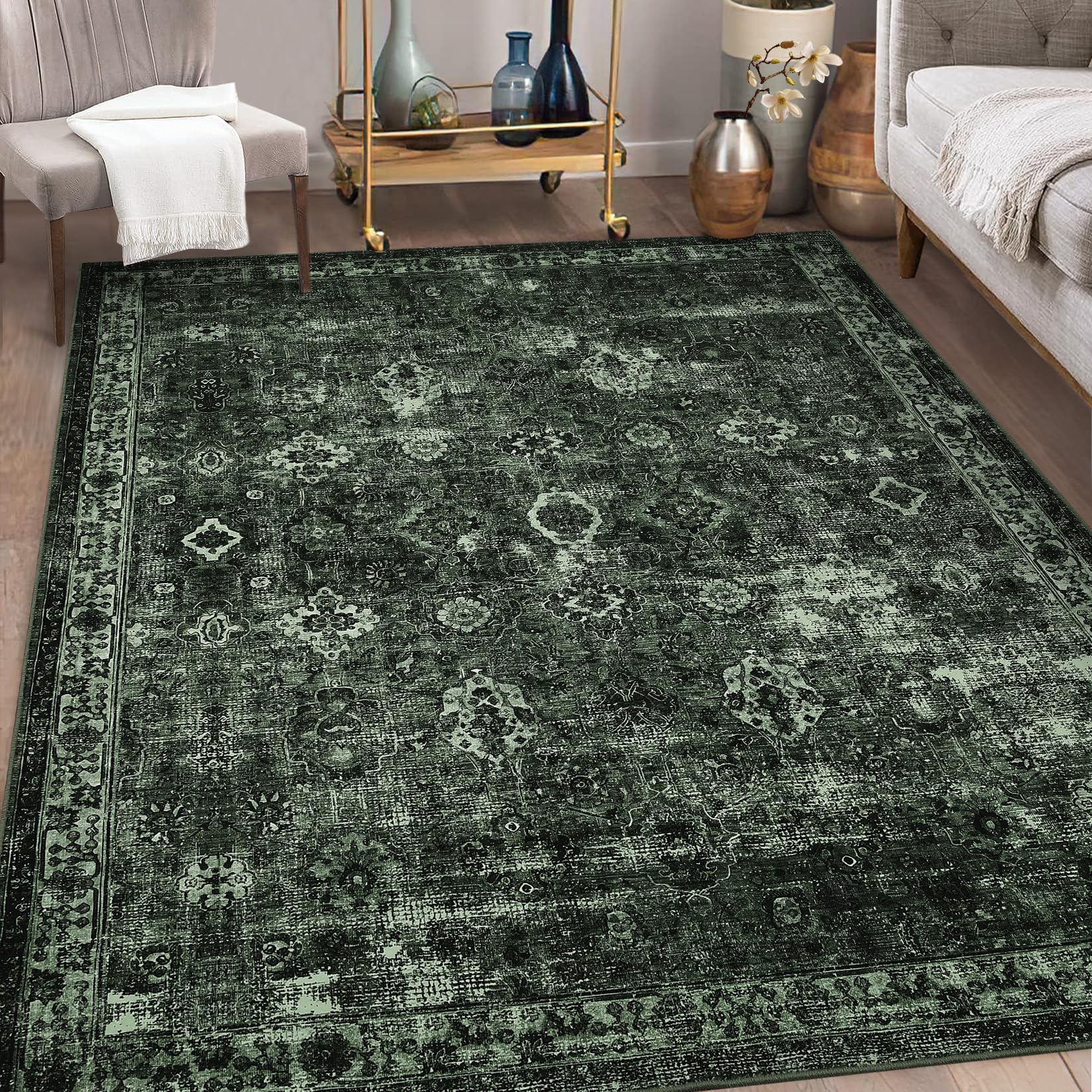 Tapis Garvee Boho, pour salon, style vintage, lavable, à poils courts, antidérapant, idéal pour la chambre, style rétro, 120 x 170 cm, vert foncé