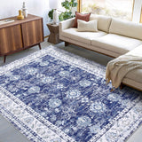 Tapis oriental Garvee, design vintage, 80 x 150 cm, bleu marine, antidérapant, à poils courts, résistant aux taches, pour salon, chambre ou cuisine. - 