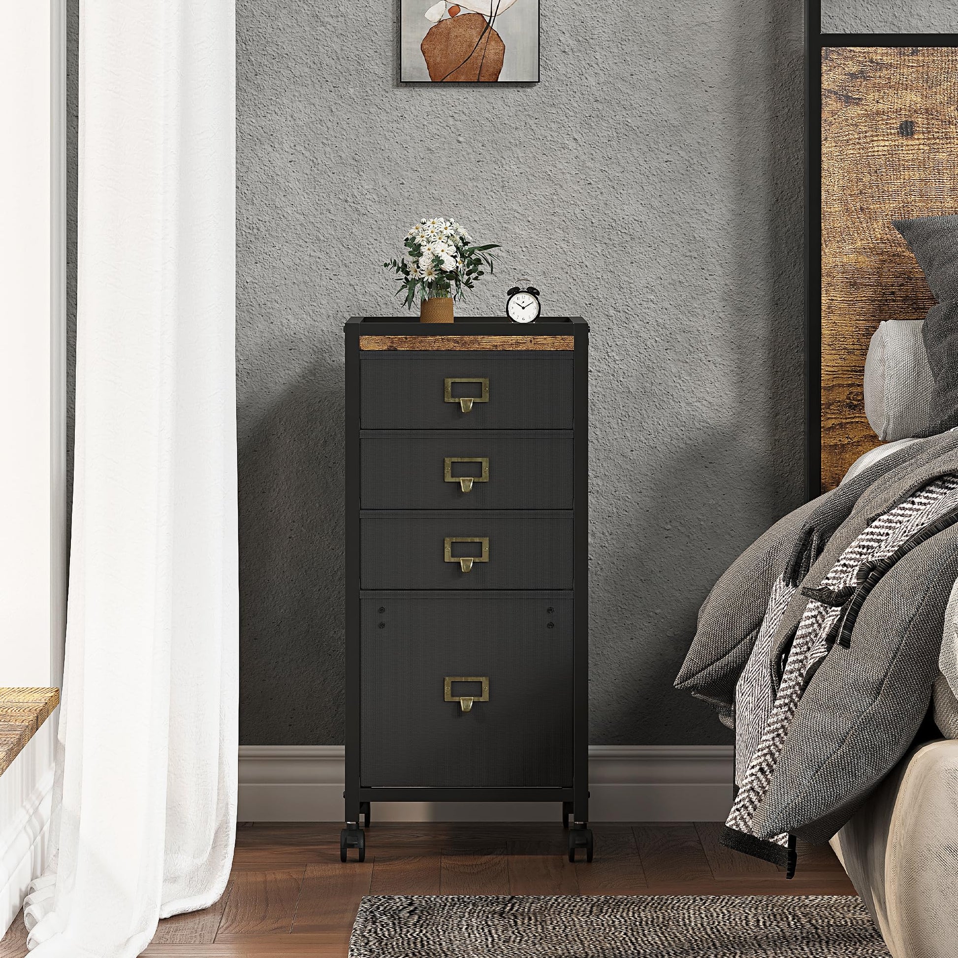 Garvee Caisson de classement mobile 4 tiroirs en tissu, cadre métal, plateau MDF, imperméable et anticorrosion, roulettes, idéal bureau maison.