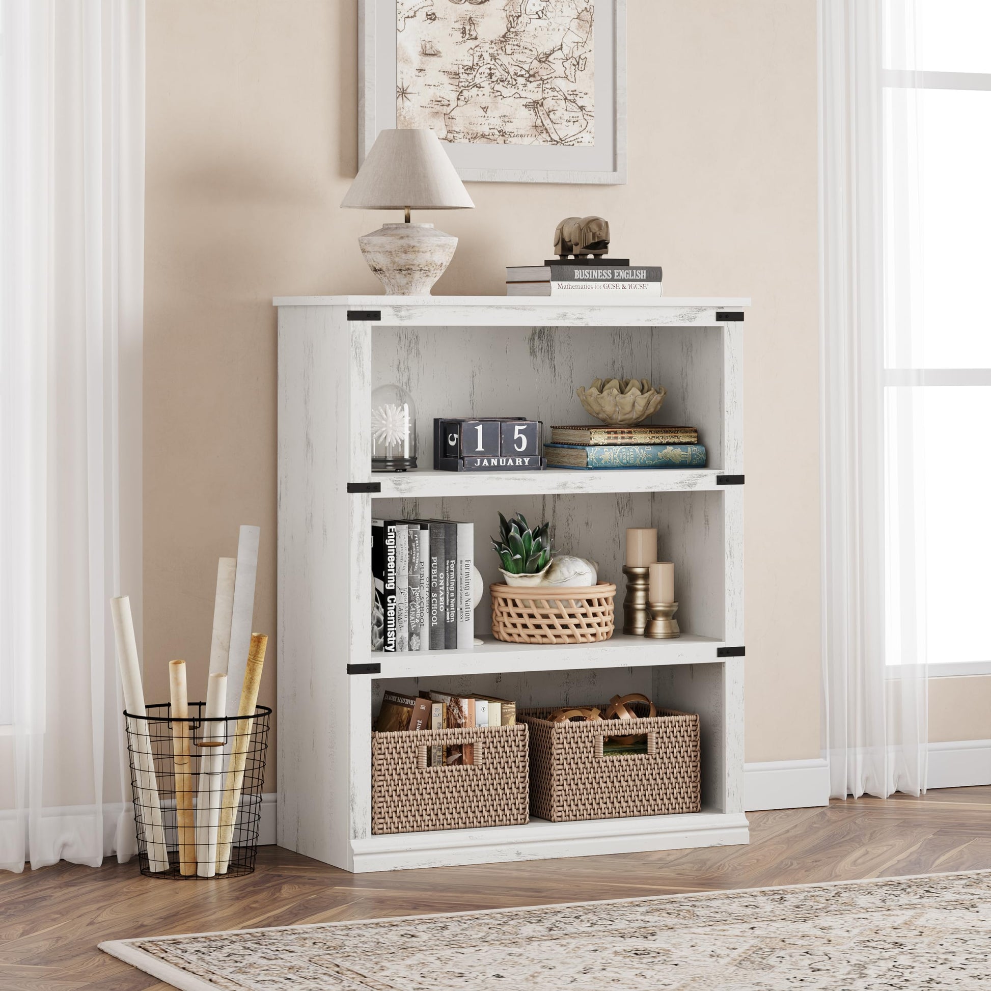 Garvee bibliothèque basse 80 × 31 × 102 cm, 4 niveaux ouverts, finition blanche, style industriel