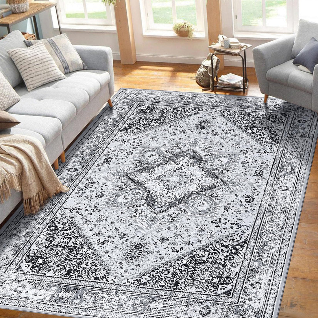 Tapis Garvee style bohème vintage, lavable en machine, antidérapant, gris, 120 x 170 cm, salon, chambre