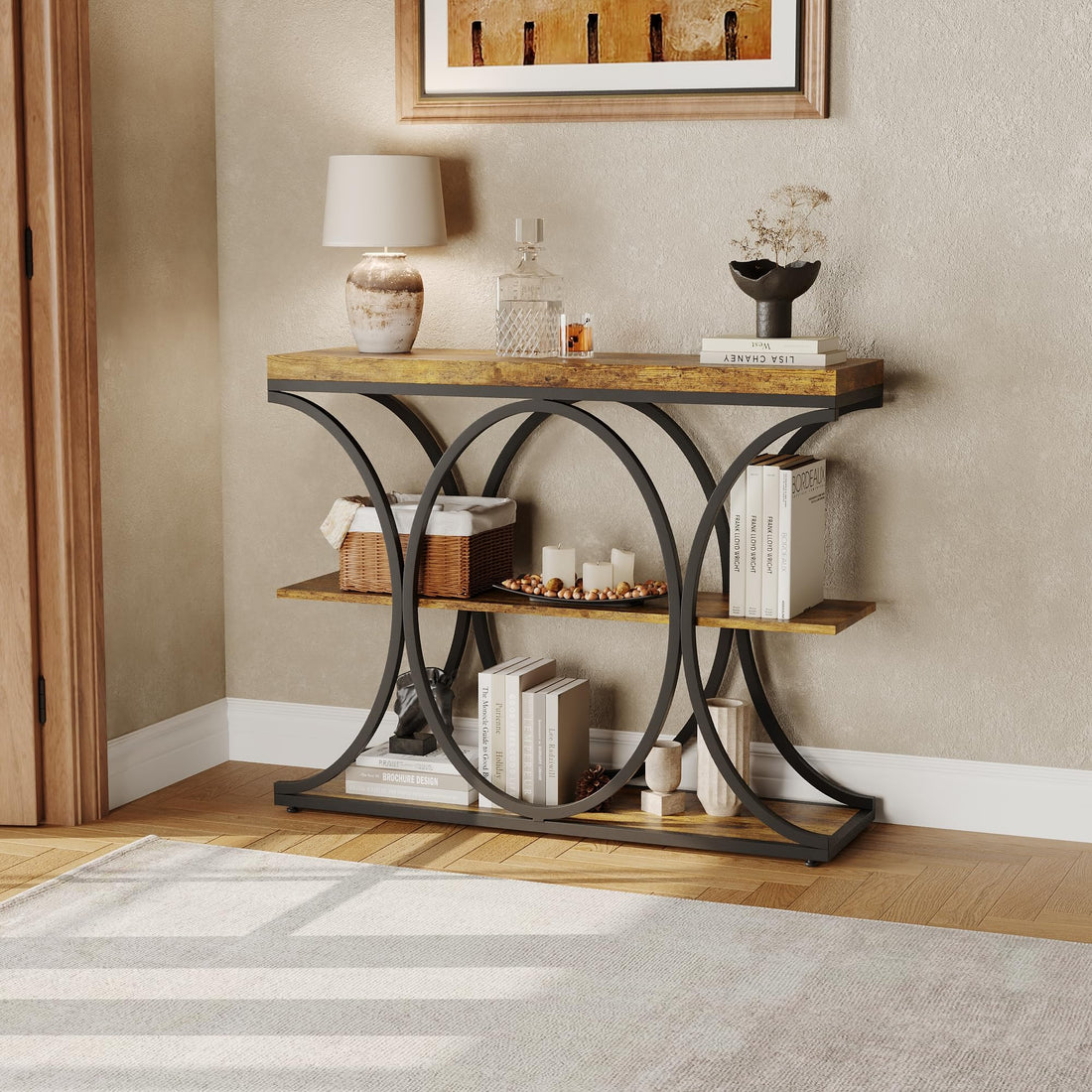 Garvee console d'entrée industrielle 99 cm avec étagères en bois à 3 niveaux, structure circulaire en métal, profondeur de 30 cm, noire