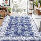 Tapis vintage Garvee, motif oriental, antidérapant, antitache, lavable, poils courts, 160 x 230 cm, bleu marine, salon, cuisine