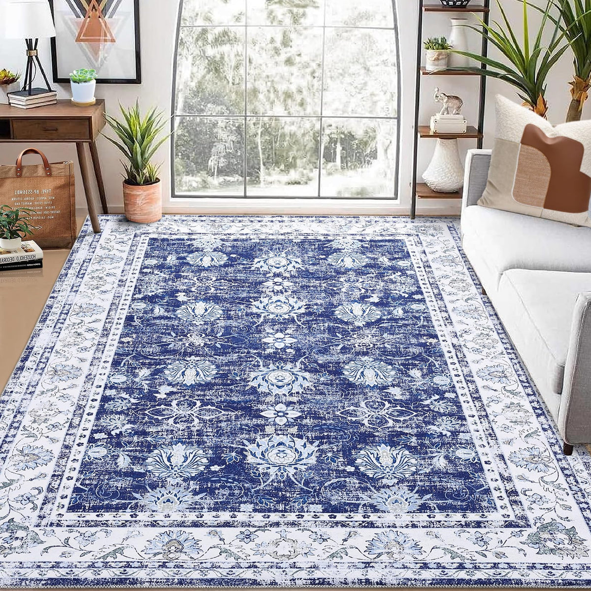 Tapis vintage Garvee, motif oriental, antidérapant, antitache, lavable, poils courts, 160 x 230 cm, bleu marine, salon, cuisine