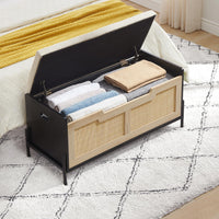 Banc de rangement en rotin Garvee 39,4 po avec coussin d'assise, 2 charnières de sécurité, coffre de rangement, banc à chaussures, chêne et noir pour salon et couloir