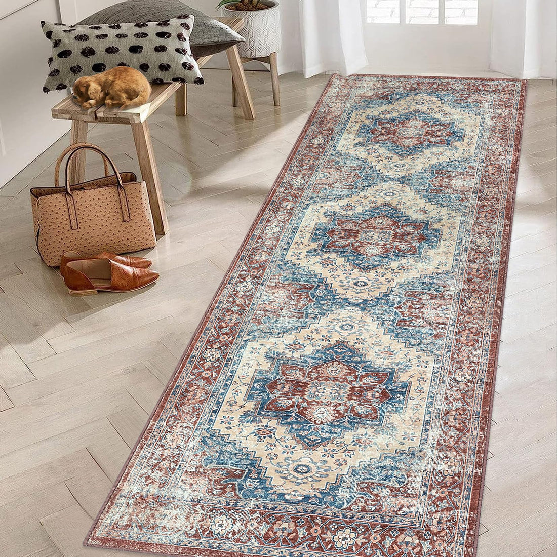 Tapis de couloir vintage Garvee, style rustique, 60 x 230 cm, résistant aux taches, lavable, idéal pour couloir, cuisine, chambre, salon, motif floral