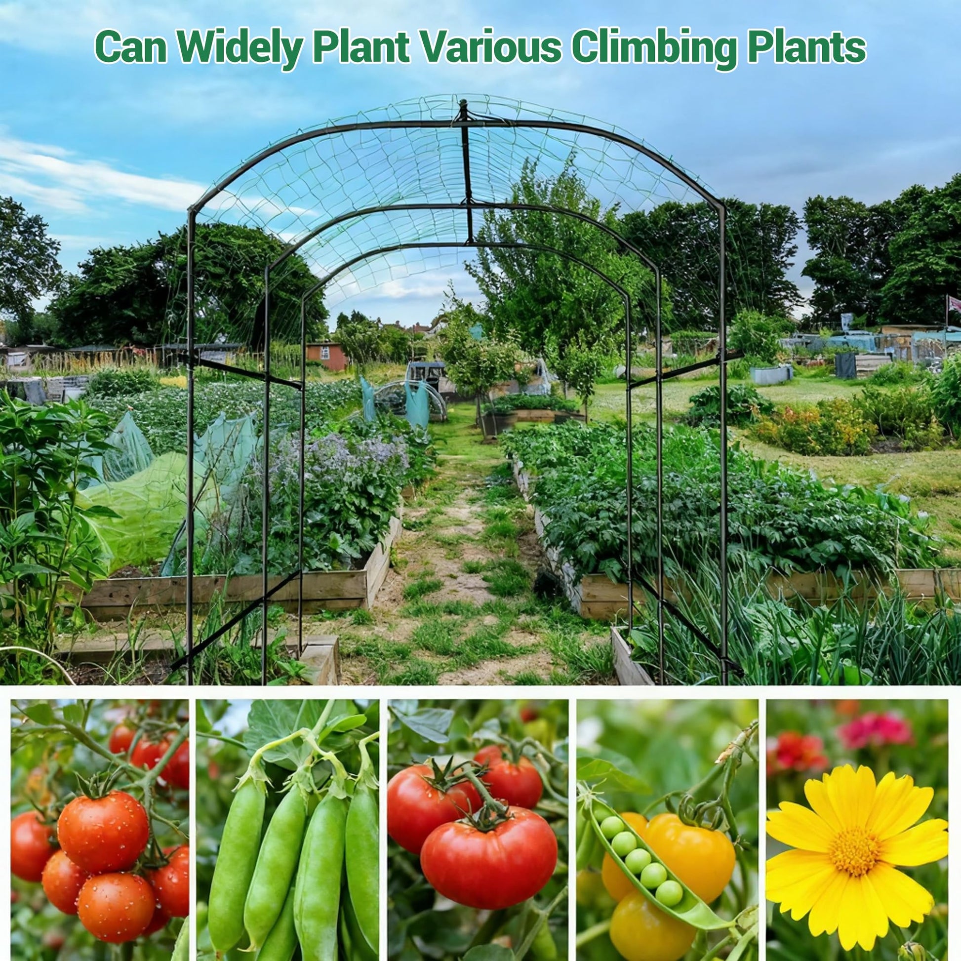 Garvee Arche de jardin grand modèle, 2,13 m (2,13 m), treillis tunnel avec filet en nylon et clips, métal, antirouille, stable, pour légumes et fleurs, 220 × 180 × 190 cm, noir
