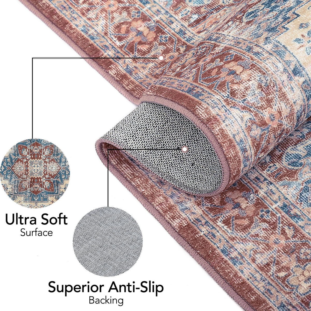 Tapis oriental GARVEE 120x170cm, lavable, doux, aspect rustique, poils courts, salon, chambre