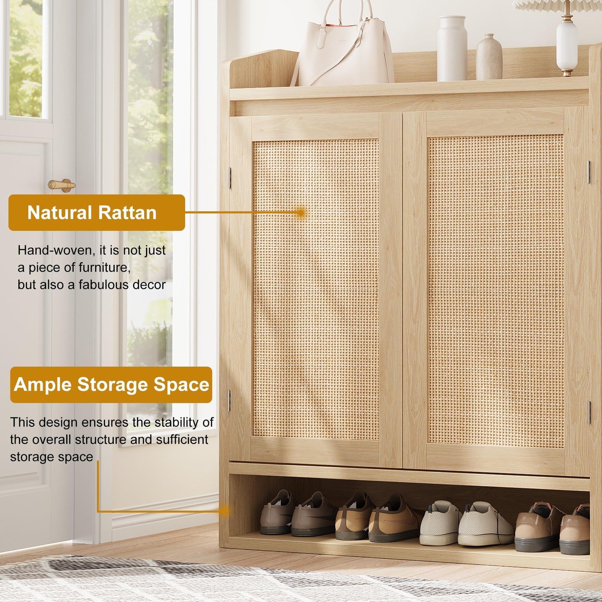 Rangement à chaussures moderne en rotin Garvee avec étagères réglables, structure en MDF, résistant à la poussière, idéal pour l'entrée et le salon, 80 cm (L) x 40 cm (l) x 100 cm (H), style bohème et rustique marron