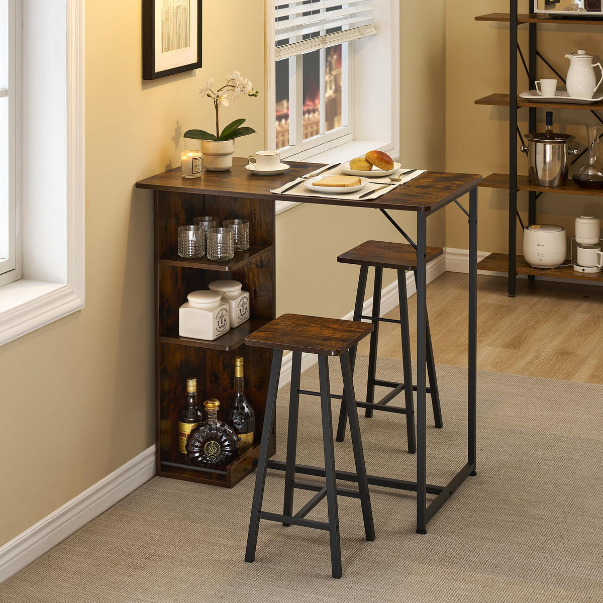 Ensemble table et chaises de bar Garvee, 3 pièces, brun rustique avec rangement, hauteur réglable, pour coin cuisine/petit-déjeuner, MDF/acier