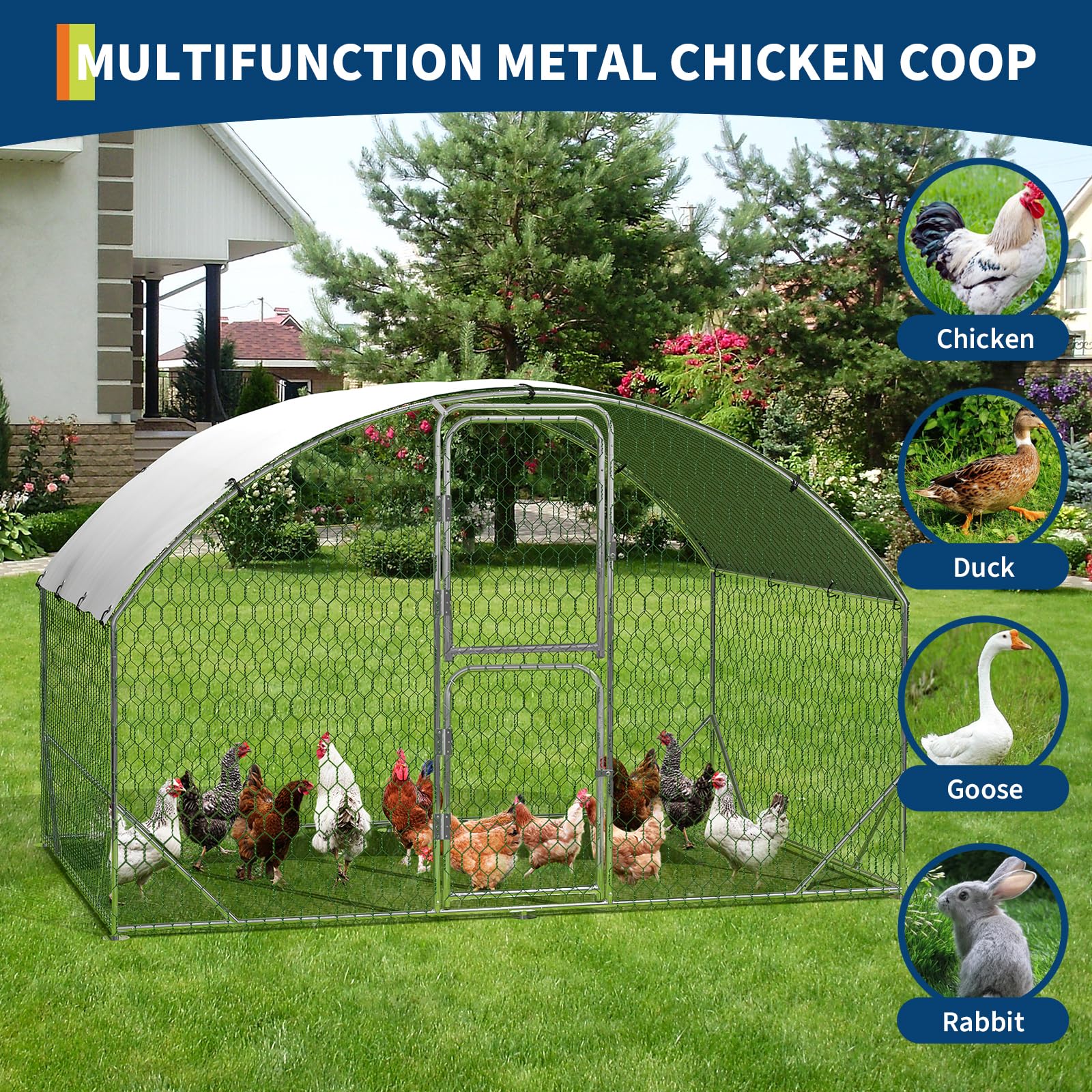 Poulailler Garvee grand format de 2 m (6,5 pi) en métal imperméable avec protection UV, double porte, structure triangulaire renforcée pour poules et canards, jardin